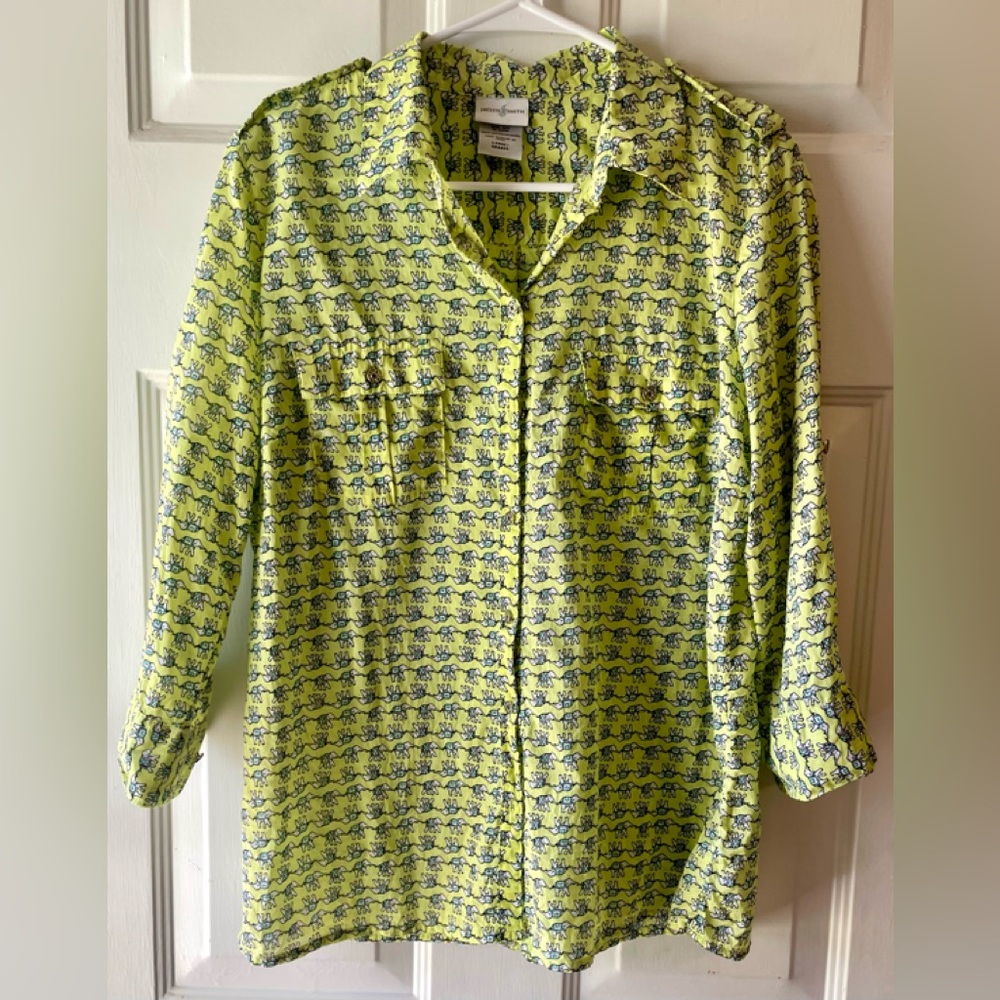 Vintg Jaclyn Smith Chartreuse Lime Green Elephant Print Cotton Camp Shirt Large